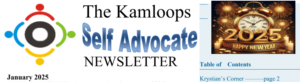 Newsletter cover titled The Kamloops Self Advocate. Features a New Year 2025 image with a clock and fireworks. January 2025 edition. Includes a table of contents indicating Krystian’s Corner on page 2.